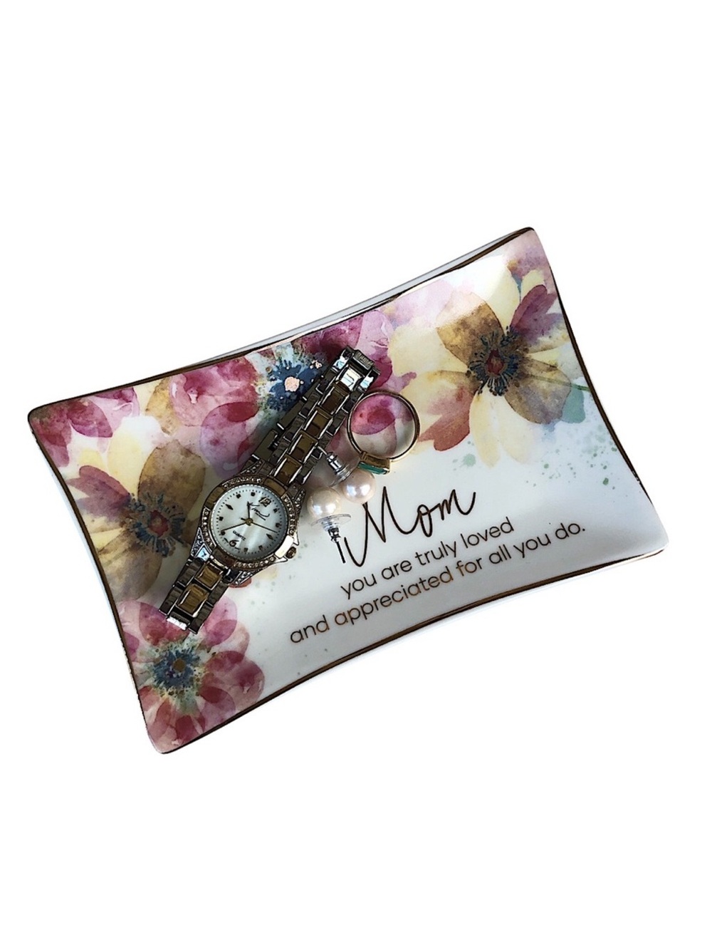 Heartfelt Collection Watercolor & Gold Best Mom Ceramic Trinket Tray 6X4 inch